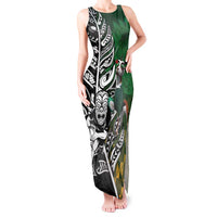 New Zealand and South Africa Rugby Custom Tank Maxi Dress Maori Tiki Fern Springboks Kente Pattern LT14 Women Green - Polynesian Pride