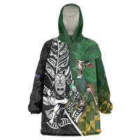 New Zealand and South Africa Rugby Custom Wearable Blanket Hoodie Maori Tiki Fern Springboks Kente Pattern LT14 One Size Green - Polynesian Pride