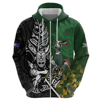New Zealand and South Africa Rugby Custom Zip Hoodie Maori Tiki Fern Springboks Kente Pattern LT14 - Polynesian Pride