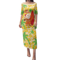 Aloha Hawaii Christmas Family Matching Puletasi and Hawaiian Shirt Mele Kalikimaka Funny Santa Palaka Quilt Motifs LT14 Mom's Dress Yellow - Polynesian Pride