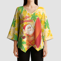 Aloha Hawaii Christmas Kimono Sleeve Blouse Mele Kalikimaka Funny Santa Palaka Quilt Motifs LT14 - Polynesian Pride