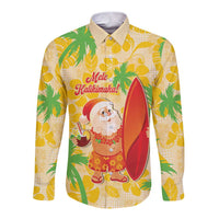 Aloha Hawaii Christmas Long Sleeve Button Shirt Mele Kalikimaka Funny Santa Palaka Quilt Motifs LT14 Unisex Yellow - Polynesian Pride