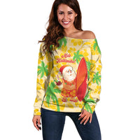 Aloha Hawaii Christmas Off Shoulder Sweater Mele Kalikimaka Funny Santa Palaka Quilt Motifs LT14 Women Yellow - Polynesian Pride