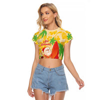 Aloha Hawaii Christmas Raglan Cropped T Shirt Mele Kalikimaka Funny Santa Palaka Quilt Motifs LT14 Female Yellow - Polynesian Pride