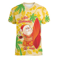 Aloha Hawaii Christmas Women V-Neck T-Shirt Mele Kalikimaka Funny Santa Palaka Quilt Motifs LT14 Female Yellow - Polynesian Pride
