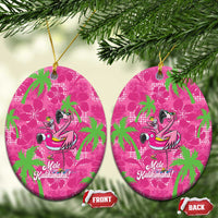 Aloha Hawaii Christmas Ceramic Ornament Mele Kalikimaka Chill Flamingo Palaka Quilt Motifs LT14 Oval Pink - Polynesian Pride