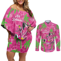 Aloha Hawaii Christmas Couples Matching Off Shoulder Short Dress and Long Sleeve Button Shirt Mele Kalikimaka Chill Flamingo Palaka Quilt Motifs LT14 Pink - Polynesian Pride
