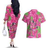 Aloha Hawaii Christmas Couples Matching Off The Shoulder Long Sleeve Dress and Hawaiian Shirt Mele Kalikimaka Chill Flamingo Palaka Quilt Motifs LT14 - Polynesian Pride