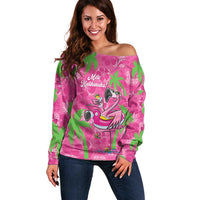 Aloha Hawaii Christmas Off Shoulder Sweater Mele Kalikimaka Chill Flamingo Palaka Quilt Motifs LT14 Women Pink - Polynesian Pride