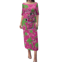 Aloha Hawaii Christmas Puletasi Mele Kalikimaka Chill Flamingo Palaka Quilt Motifs LT14 Long Dress Pink - Polynesian Pride