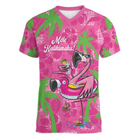 Aloha Hawaii Christmas Women V-Neck T-Shirt Mele Kalikimaka Chill Flamingo Palaka Quilt Motifs LT14 Female Pink - Polynesian Pride