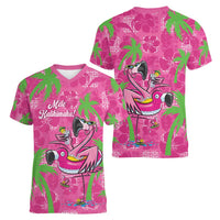 Aloha Hawaii Christmas Women V-Neck T-Shirt Mele Kalikimaka Chill Flamingo Palaka Quilt Motifs LT14 - Polynesian Pride