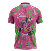 Aloha Hawaii Christmas Zipper Polo Shirt Mele Kalikimaka Chill Flamingo Palaka Quilt Motifs LT14 Pink - Polynesian Pride