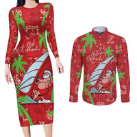Aloha Hawaii Christmas Couples Matching Long Sleeve Bodycon Dress and Long Sleeve Button Shirt Mele Kalikimaka Windsurfing Santa Palaka Quilt Motifs LT14 Red - Polynesian Pride