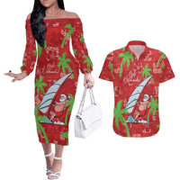 Aloha Hawaii Christmas Couples Matching Off The Shoulder Long Sleeve Dress and Hawaiian Shirt Mele Kalikimaka Windsurfing Santa Palaka Quilt Motifs LT14 Red - Polynesian Pride