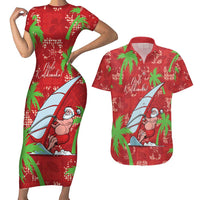 Aloha Hawaii Christmas Couples Matching Short Sleeve Bodycon Dress and Hawaiian Shirt Mele Kalikimaka Windsurfing Santa Palaka Quilt Motifs LT14 Red - Polynesian Pride