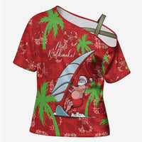 Aloha Hawaii Christmas Cross Shoulder Shirt Mele Kalikimaka Windsurfing Santa Palaka Quilt Motifs LT14 Female Red - Polynesian Pride