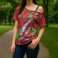 Aloha Hawaii Christmas Cross Shoulder Shirt Mele Kalikimaka Windsurfing Santa Palaka Quilt Motifs LT14 - Polynesian Pride