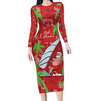 Aloha Hawaii Christmas Family Matching Long Sleeve Bodycon Dress and Hawaiian Shirt Mele Kalikimaka Windsurfing Santa Palaka Quilt Motifs LT14 Mom's Dress Red - Polynesian Pride