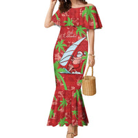 Aloha Hawaii Christmas Family Matching Mermaid Dress and Hawaiian Shirt Mele Kalikimaka Windsurfing Santa Palaka Quilt Motifs LT14 Mom's Dress Red - Polynesian Pride