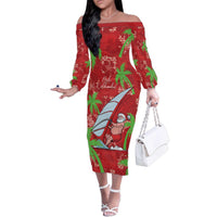 Aloha Hawaii Christmas Family Matching Off The Shoulder Long Sleeve Dress and Hawaiian Shirt Mele Kalikimaka Windsurfing Santa Palaka Quilt Motifs LT14 Mom's Dress Red - Polynesian Pride
