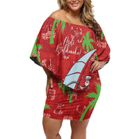 Aloha Hawaii Christmas Family Matching Off Shoulder Short Dress and Hawaiian Shirt Mele Kalikimaka Windsurfing Santa Palaka Quilt Motifs LT14 Mom's Dress Red - Polynesian Pride