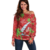 Aloha Hawaii Christmas Off Shoulder Sweater Mele Kalikimaka Windsurfing Santa Palaka Quilt Motifs LT14 Women Red - Polynesian Pride