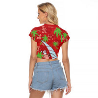 Aloha Hawaii Christmas Raglan Cropped T Shirt Mele Kalikimaka Windsurfing Santa Palaka Quilt Motifs LT14 - Polynesian Pride
