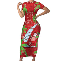 Aloha Hawaii Christmas Short Sleeve Bodycon Dress Mele Kalikimaka Windsurfing Santa Palaka Quilt Motifs LT14 Long Dress Red - Polynesian Pride