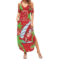 Aloha Hawaii Christmas Summer Maxi Dress Mele Kalikimaka Windsurfing Santa Palaka Quilt Motifs LT14 Women Red - Polynesian Pride