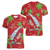 Aloha Hawaii Christmas Women V-Neck T-Shirt Mele Kalikimaka Windsurfing Santa Palaka Quilt Motifs LT14 - Polynesian Pride