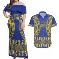 Fakaalofa Lahi Atu Niue Couples Matching Off Shoulder Maxi Dress and Hawaiian Shirt Siapo Pattern With Puakenikeni LT14 Blue - Polynesian Pride