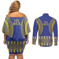 Fakaalofa Lahi Atu Niue Couples Matching Off Shoulder Short Dress and Long Sleeve Button Shirt Siapo Pattern With Puakenikeni LT14 - Polynesian Pride