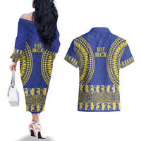 Fakaalofa Lahi Atu Niue Couples Matching Off The Shoulder Long Sleeve Dress and Hawaiian Shirt Siapo Pattern With Puakenikeni LT14 - Polynesian Pride