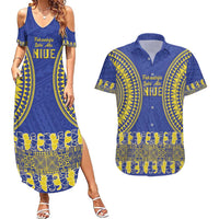 Fakaalofa Lahi Atu Niue Couples Matching Summer Maxi Dress and Hawaiian Shirt Siapo Pattern With Puakenikeni LT14 Blue - Polynesian Pride