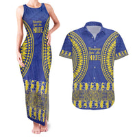 Fakaalofa Lahi Atu Niue Couples Matching Tank Maxi Dress and Hawaiian Shirt Siapo Pattern With Puakenikeni LT14 Blue - Polynesian Pride