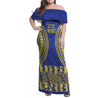 Fakaalofa Lahi Atu Niue Family Matching Off Shoulder Maxi Dress and Hawaiian Shirt Siapo Pattern With Puakenikeni LT14 Mom's Dress Blue - Polynesian Pride