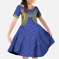 Fakaalofa Lahi Atu Niue Family Matching Summer Maxi Dress and Hawaiian Shirt Siapo Pattern With Puakenikeni LT14 Daughter's Dress Blue - Polynesian Pride