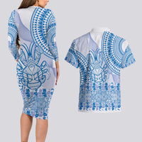 Niue Language Week Couples Matching Long Sleeve Bodycon Dress and Hawaiian Shirt The Rock Coconut Crab - Siapo Blue Pastel LT14 - Polynesian Pride