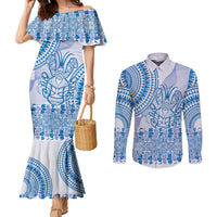 Niue Language Week Couples Matching Mermaid Dress and Long Sleeve Button Shirt The Rock Coconut Crab - Siapo Blue Pastel LT14 Blue - Polynesian Pride