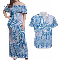 Niue Language Week Couples Matching Off Shoulder Maxi Dress and Hawaiian Shirt The Rock Coconut Crab - Siapo Blue Pastel LT14 Blue - Polynesian Pride