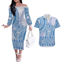 Niue Language Week Couples Matching Off The Shoulder Long Sleeve Dress and Hawaiian Shirt The Rock Coconut Crab - Siapo Blue Pastel LT14 Blue - Polynesian Pride