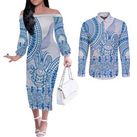 Niue Language Week Couples Matching Off The Shoulder Long Sleeve Dress and Long Sleeve Button Shirt The Rock Coconut Crab - Siapo Blue Pastel LT14 Blue - Polynesian Pride