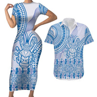 Niue Language Week Couples Matching Short Sleeve Bodycon Dress and Hawaiian Shirt The Rock Coconut Crab - Siapo Blue Pastel LT14 Blue - Polynesian Pride
