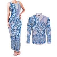 Niue Language Week Couples Matching Tank Maxi Dress and Long Sleeve Button Shirt The Rock Coconut Crab - Siapo Blue Pastel LT14 Blue - Polynesian Pride