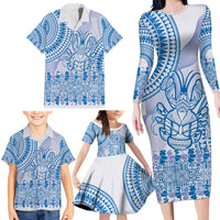 Niue Language Week Family Matching Long Sleeve Bodycon Dress and Hawaiian Shirt The Rock Coconut Crab - Siapo Blue Pastel LT14 - Polynesian Pride