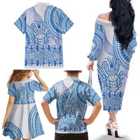 Niue Language Week Family Matching Off The Shoulder Long Sleeve Dress and Hawaiian Shirt The Rock Coconut Crab - Siapo Blue Pastel LT14 - Polynesian Pride