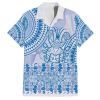 Niue Language Week Family Matching Off The Shoulder Long Sleeve Dress and Hawaiian Shirt The Rock Coconut Crab - Siapo Blue Pastel LT14 Dad's Shirt - Short Sleeve Blue - Polynesian Pride