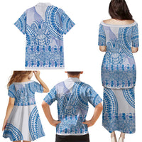 Niue Language Week Family Matching Puletasi and Hawaiian Shirt The Rock Coconut Crab - Siapo Blue Pastel LT14 - Polynesian Pride