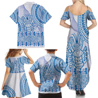 Niue Language Week Family Matching Summer Maxi Dress and Hawaiian Shirt The Rock Coconut Crab - Siapo Blue Pastel LT14 - Polynesian Pride